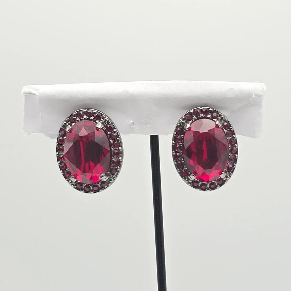 VTG SWAROVSKI Earrings Austrian Crystal Wine Red Gunmetal Grey Clip-Ons Signed